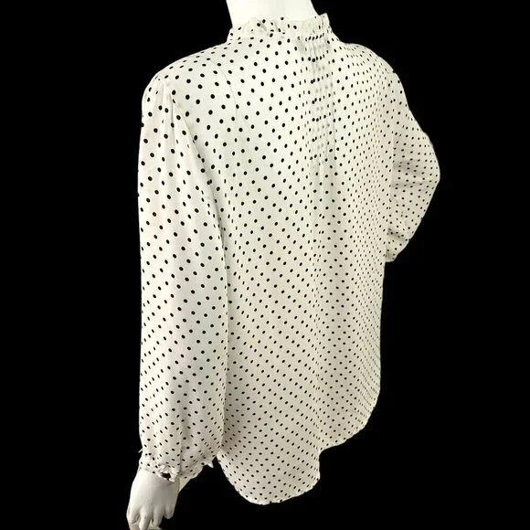 Jasmine & Juliana Long Slv White Black Polka Dot Blouse Sz L 1/2 Btn Ruffle Neck - Picture 9 of 9